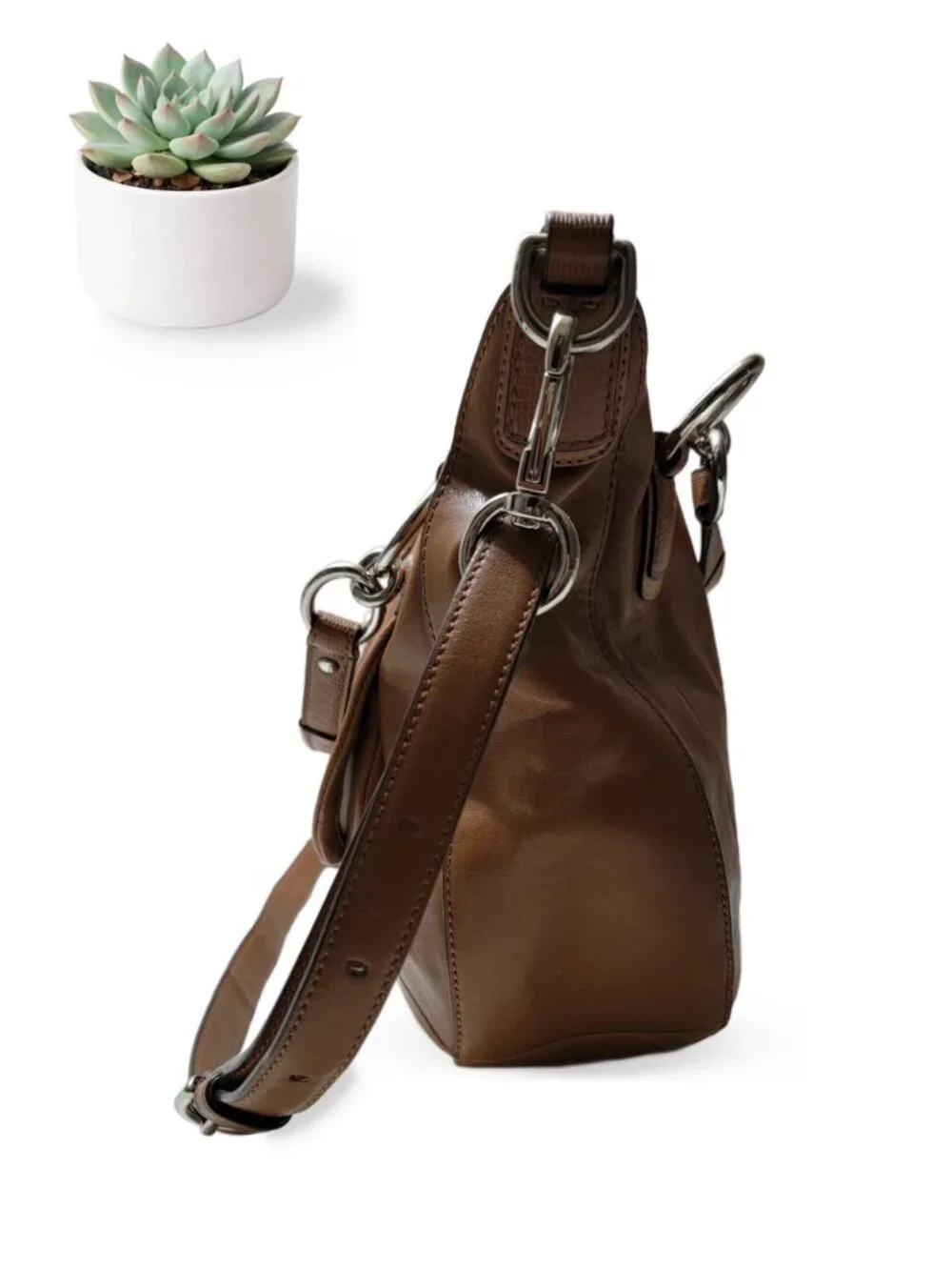 Coach Kristin Round Satchel Leather Hobo Shoulder Bag Brown Large Silver Clasp